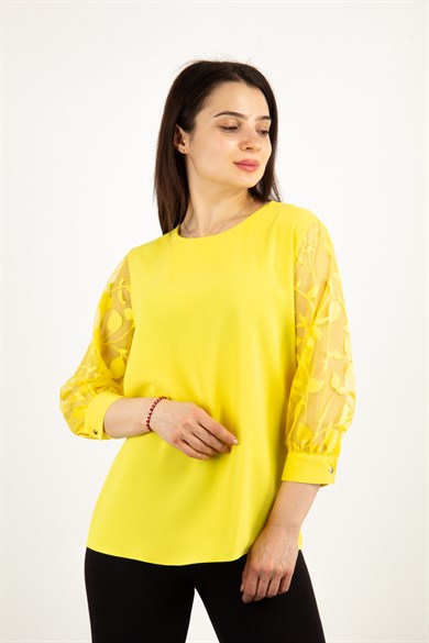 O Neck Tulle Sleeve Blouse - Yellow