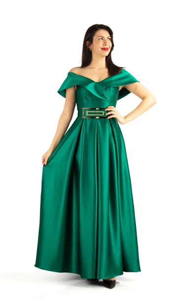 Off Shoulder Belted Maxi Satin Dress - Emerald Green