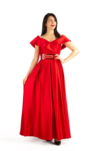 Off Shoulder Belted Maxi Satin Dress - Red