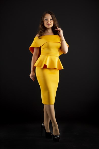 Off Shoulder Big Size Peplum Scuba Dress - Mustard