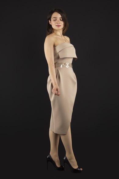 Off Shoulder Mini Scuba Dress With Transparent Belt Detail - Beige