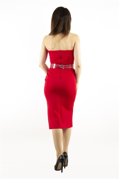 Off Shoulder Mini Scuba Dress With Transparent Belt Detail - Red