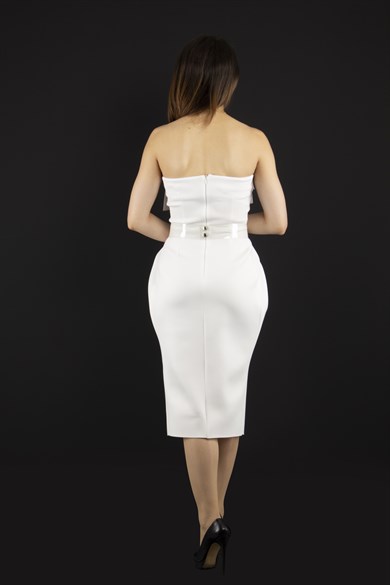 Off Shoulder Mini Scuba Dress With Transparent Belt Detail - White