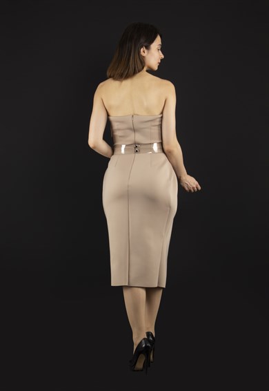 Off Shoulder Mini Scuba Dress With Transparent Belt Detail - Beige