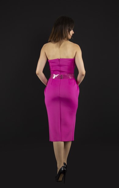 Off Shoulder Mini Scuba Dress With Transparent Belt Detail - Fuchsia