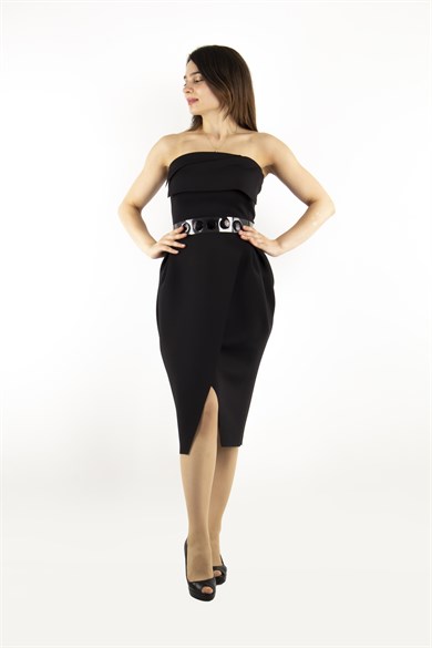 Off Shoulder Mini Scuba Dress With Transparent Belt Detail - Black