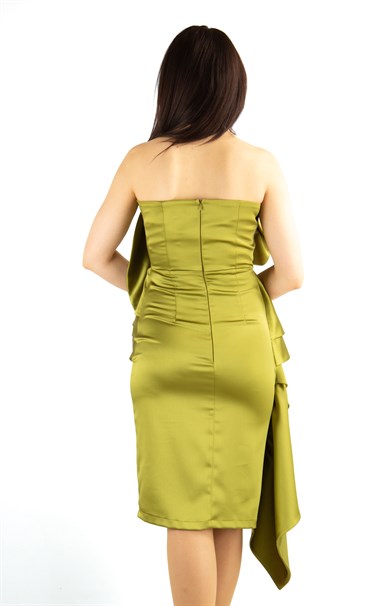 Off The Shoulder Ruffle Peplum Satin Dress With Big Flower Detail - Khaki