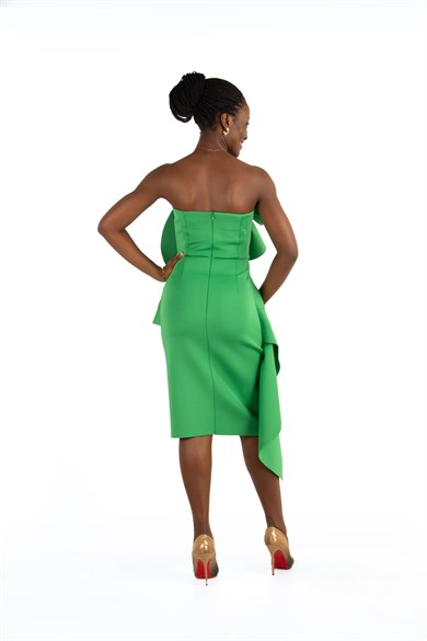Off The Shoulder Ruffle Peplum Scuba Dress With Big Flower Detail - Grass Green