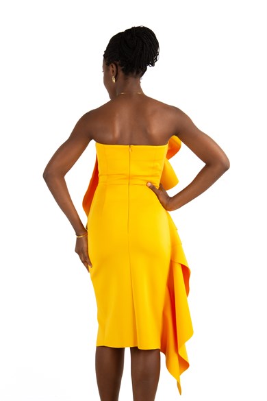 Off The Shoulder Ruffle Peplum Scuba Dress With Big Flower Detail - Mustard