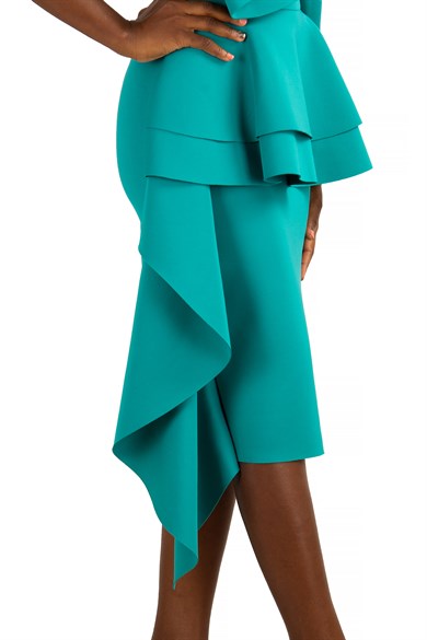 Off The Shoulder Ruffle Peplum Scuba Dress With Big Flower Detail - Benetton
