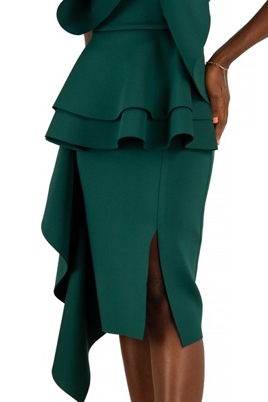 Off The Shoulder Ruffle Peplum Scuba Dress With Big Flower Detail - Emerald Green