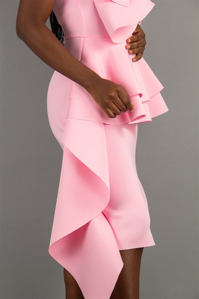 Off The Shoulder Ruffle Peplum Scuba Dress With Big Flower Detail - Pink