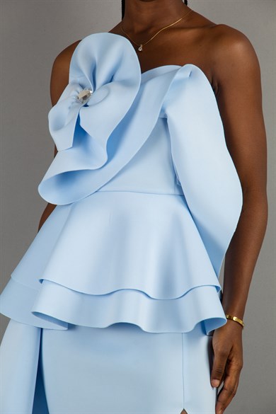 Off The Shoulder Ruffle Peplum Scuba Dress With Big Flower Detail - Baby Blue