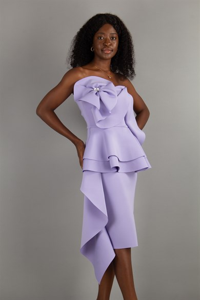 Off The Shoulder Ruffle Peplum Scuba Dress With Big Flower Detail - Lilac