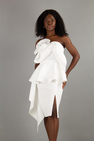 Off The Shoulder Ruffle Peplum Scuba Dress With Big Flower Detail - White