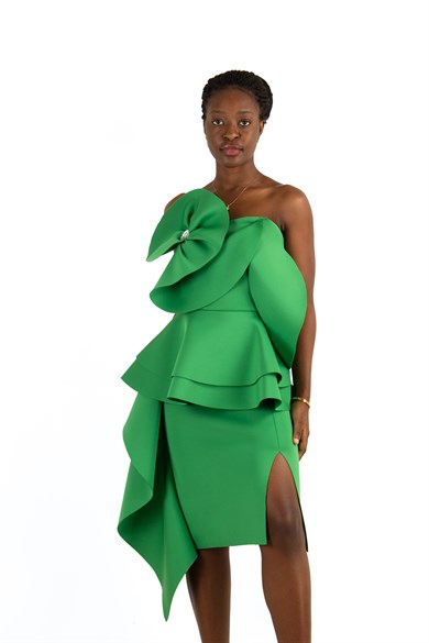 Off The Shoulder Ruffle Peplum Scuba Dress With Big Flower Detail - Grass Green