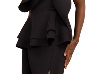 Off The Shoulder Ruffle Peplum Scuba Dress With Big Flower Detail - Black