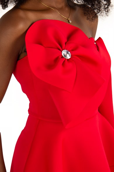 Off The Shoulder Ruffle Peplum Scuba Dress With Big Flower Detail