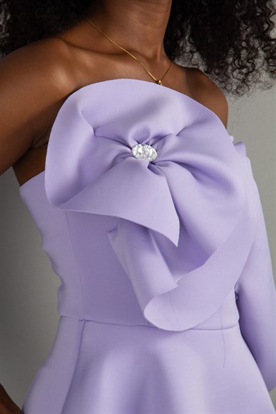 Off The Shoulder Ruffle Peplum Scuba Dress With Big Flower Detail - Lilac