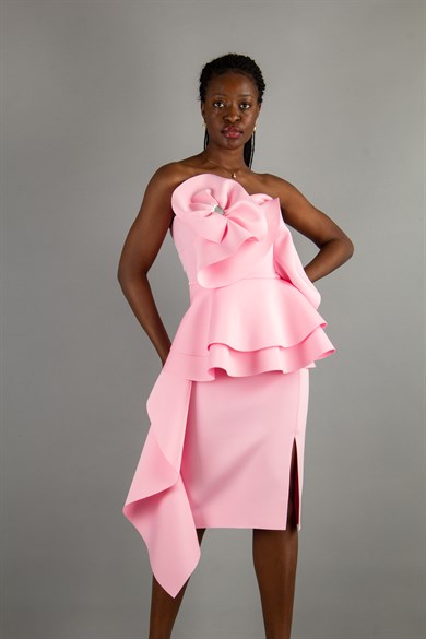 Off The Shoulder Ruffle Peplum Scuba Dress With Big Flower Detail - Pink