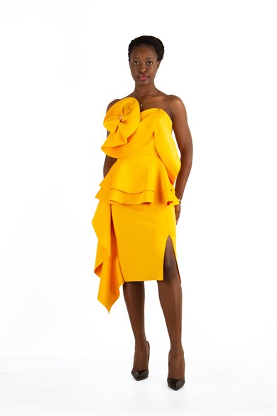 Off The Shoulder Ruffle Peplum Scuba Dress With Big Flower Detail - Mustard