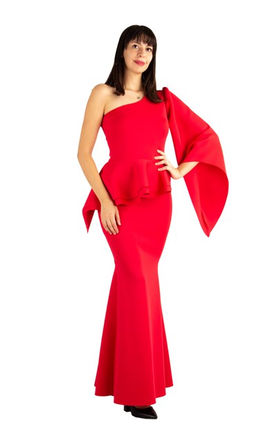 One Shoulder Bell Sleeve Peplum Maxi Scuba Dress - Red