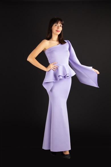One Shoulder Bell Sleeve Peplum Maxi Scuba Dress - Lilac