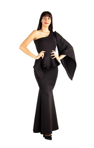 One Shoulder Bell Sleeve Peplum Maxi Scuba Dress - Black