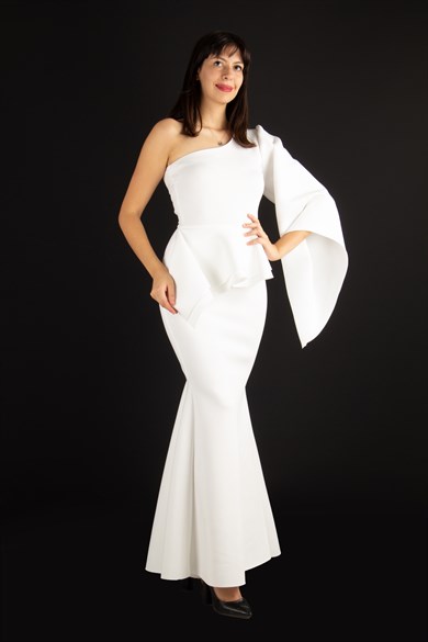 One Shoulder Bell Sleeve Peplum Maxi Scuba Dress - White