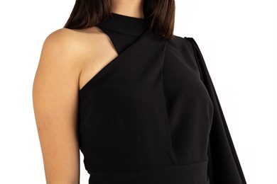 One Shoulder Choker Draped Dress - Black