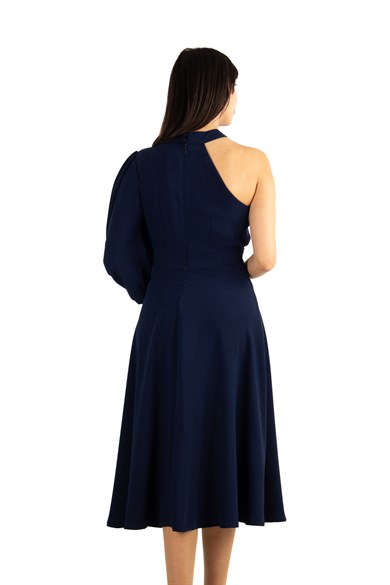 One Shoulder Choker Draped Dress - Navy Blue