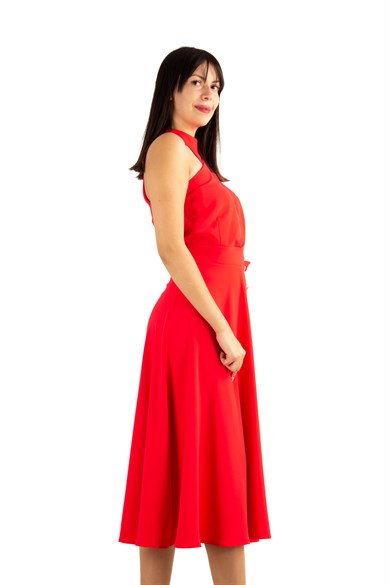One Shoulder Choker Draped Dress - Red