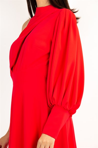 One Shoulder Choker Draped Dress - Red