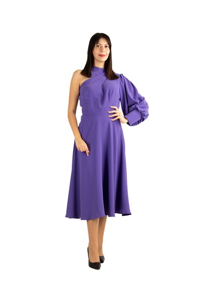 One Shoulder Choker Draped Dress - Violet
