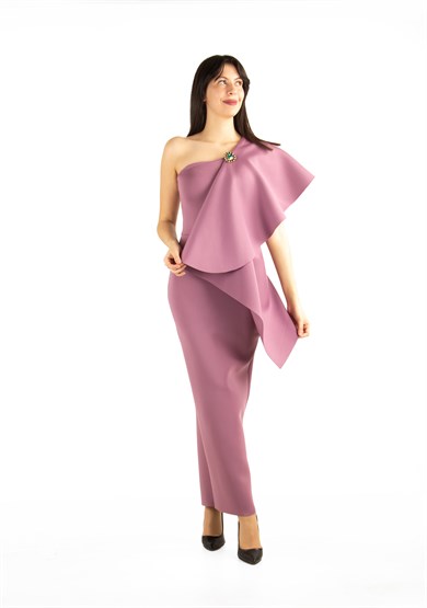 One Shoulder Draped Scuba Maxi Dress With Brooch Detail - Rusty Rose
