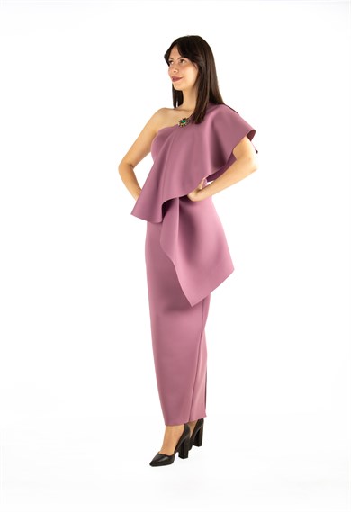 One Shoulder Draped Scuba Maxi Dress With Brooch Detail - Rusty Rose