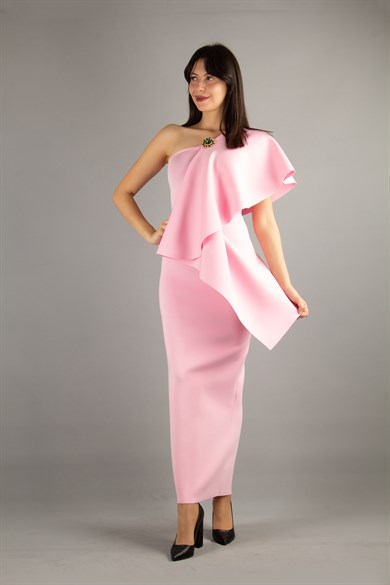 One Shoulder Draped Scuba Maxi Dress With Brooch Detail - Pink