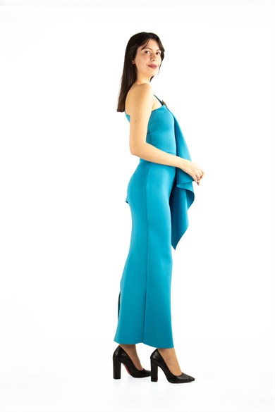 One Shoulder Draped Scuba Maxi Dress With Brooch Detail - Petrol Blue