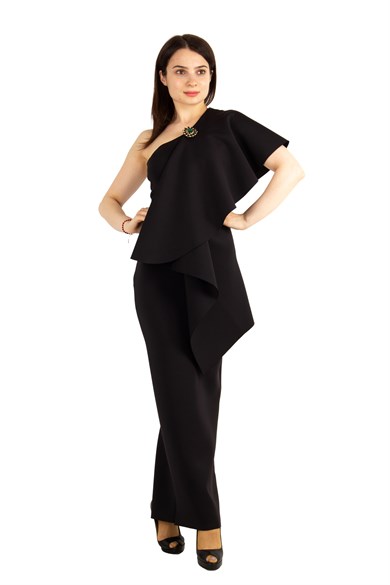 One Shoulder Draped Scuba Maxi Dress With Brooch Detail - Black