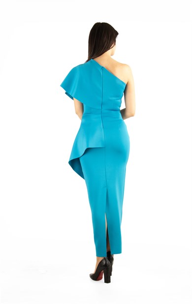 One Shoulder Draped Scuba Maxi Dress With Brooch Detail - Petrol Blue