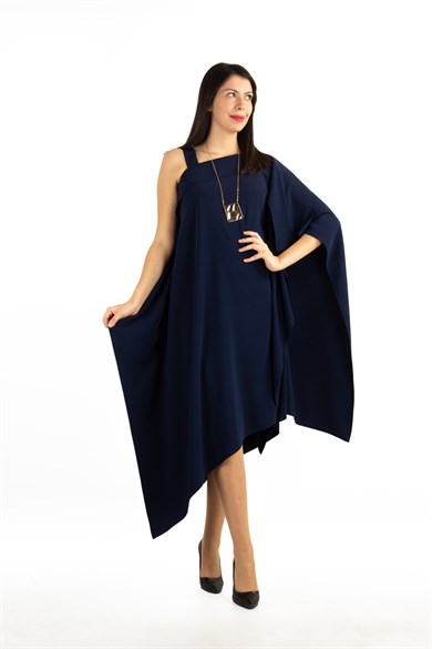 One Shoulder Open Asymmetric Cut Shabby Dress - Navy Blue