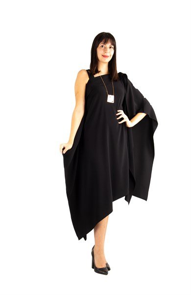 One Shoulder Open Asymmetric Cut Shabby Dress - Black