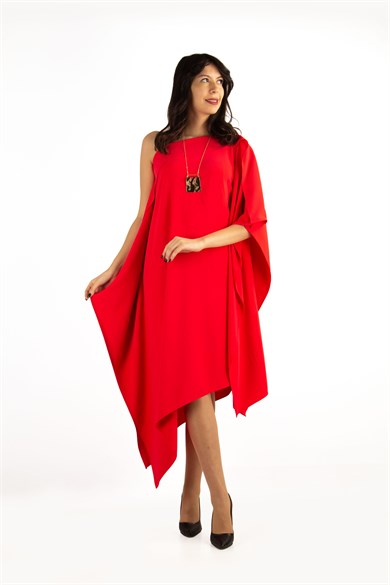 One Shoulder Open Asymmetric Cut Shabby Dress - Red
