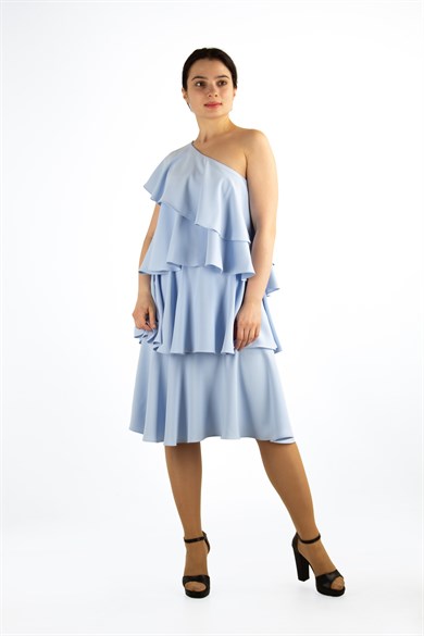 One Shoulder Ruffle Dress - Baby Blue