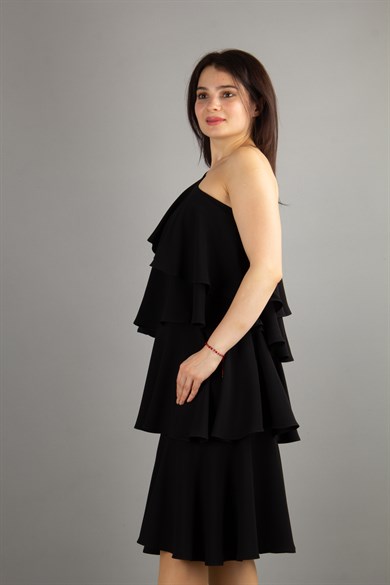 One Shoulder Ruffle Dress - Black