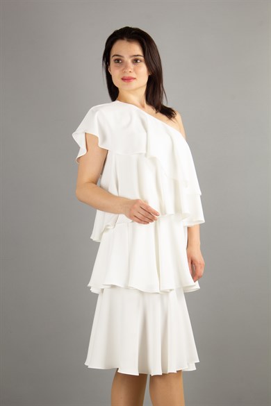 One Shoulder Ruffle Dress - White