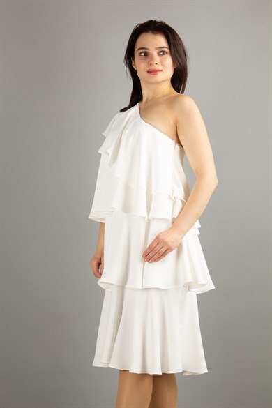 One Shoulder Ruffle Dress - White