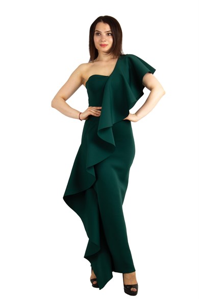 One Shoulder Ruffle Maxi Scuba Dress - Emerald Green