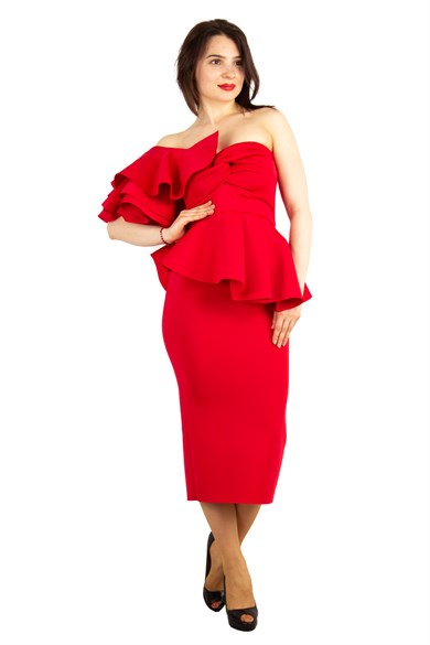One Shoulder Ruffle Peplum Scuba Big Size Dress - Red