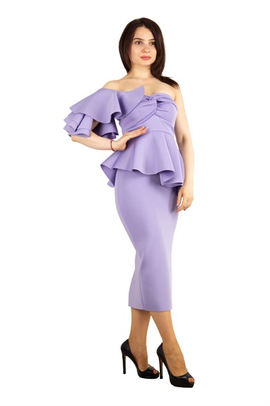 One Shoulder Ruffle Peplum Scuba Big Size Dress - Lilac